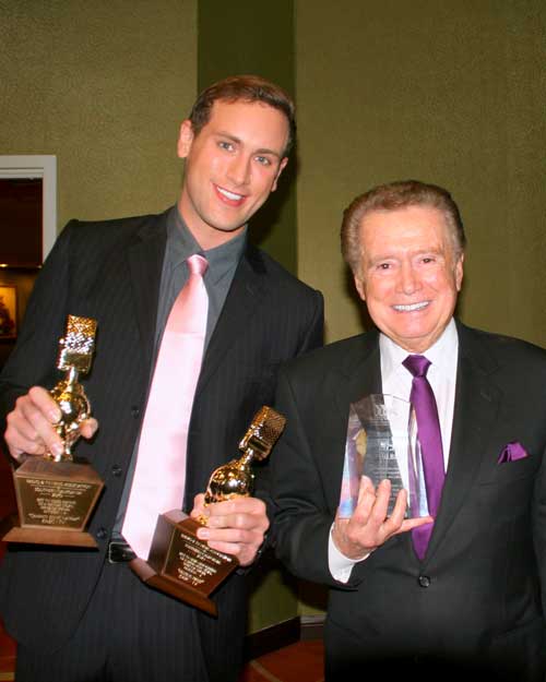 REGIS PHILBIN AND SEAN PATRICK LEWIS AFTER THE GALA, EACH HOLDING THEIR GOLDEN MIC AWARDS FROM THE RTNA.